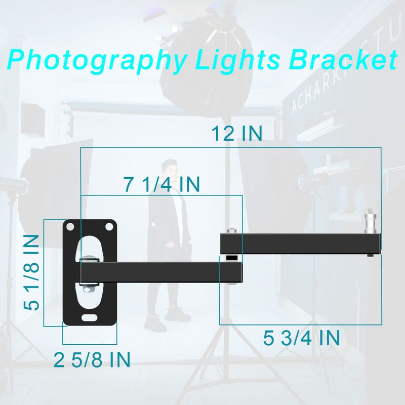 Photographic Wall Mounting Boom Arm Stand: Fold Extend Adjustable 12in Long Bracket,Heavy Duty Wall Mount,Multi Angle,for Photography Strobe Light Monolight,Softbox,Ring Light,Live Broadcast