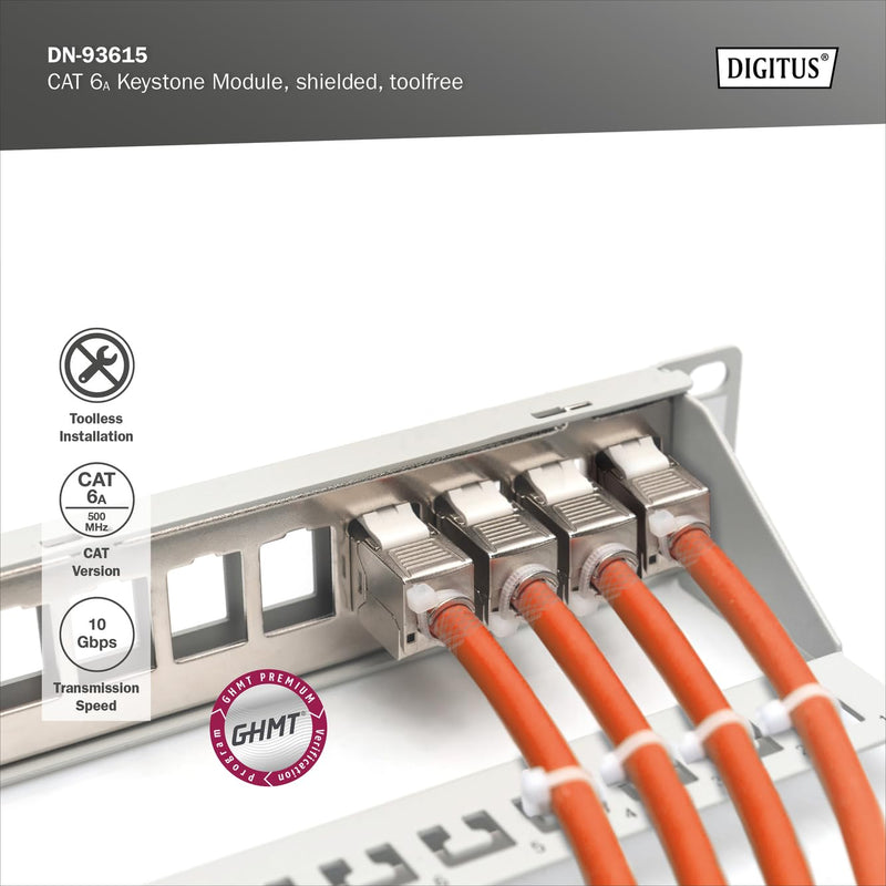Assmann DN-93615 Digitus Cat 6a Shielded Keystone Module | Tool Free - LSA - PoE++ - AWG 26-22 - RJ45 Female - 10Gbps - For junction boxes and patch panels Standard version 1 pc.