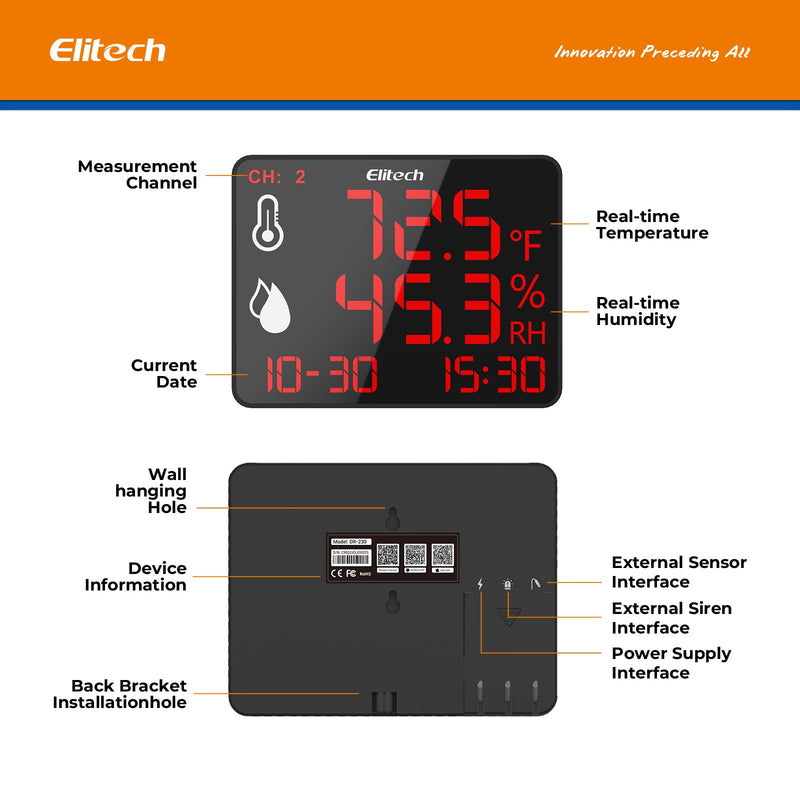 Elitech WiFi Thermometer, Temperature and Humidity Meter, Large Display Data Logger with External Sensors, Real-time Monitoring for Warehouse, Laboratory, Home, Greenhouse DR-230W-THE Wi-Fi single probe