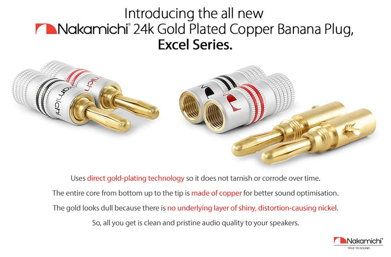 Nakamichi Excel Series 24k Gold Plated Banana Plug 12 AWG - 18 AWG Gauge Size 4mm for Speakers Amplifier Hi-Fi AV Receiver Stereo Home Theatre Audio Wire Cable Screw Connector 10 Pcs (5-Pairs) 10 Pcs (5-Pairs)