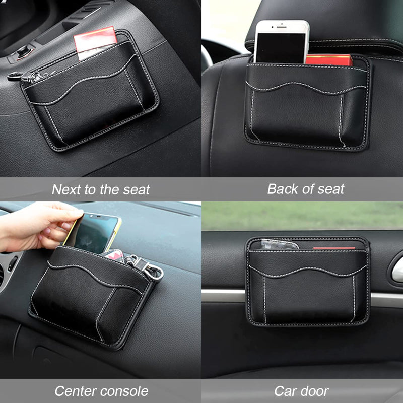 Car Seat Side Pocket Organizer, PU Leather Mini Storage Bag for Auto Door Window Console, Pen Phone Holder Tray Pouch Vehicle Seat Gap Filler for Organize Document, Registration, Notepad (Black) Black