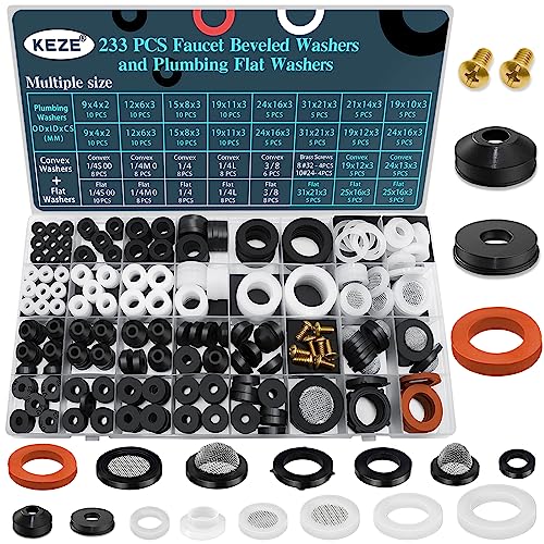 KEZE 233 pcs Bevel Washer and Plumbing Flat Head Washers Assortment Kit and 11 Pcs Precision Pick & Hook Set for O Rings Faucet Automotive Hydraulic Pipe Repair
