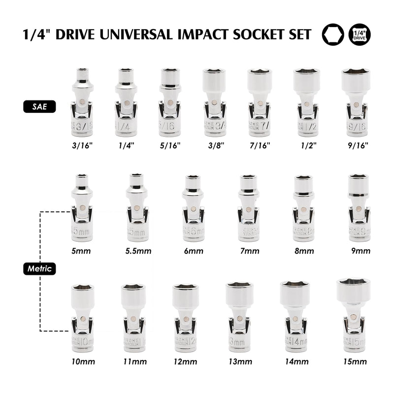 MIXPOWER 19-piece 1/4" Drive Universal Joint Socket Set, 6 Point, SAE & Metric, 5-15mm, 3/16"-9/16", Swivel Socket with Flexible Wobble, CR-V Impact Grade