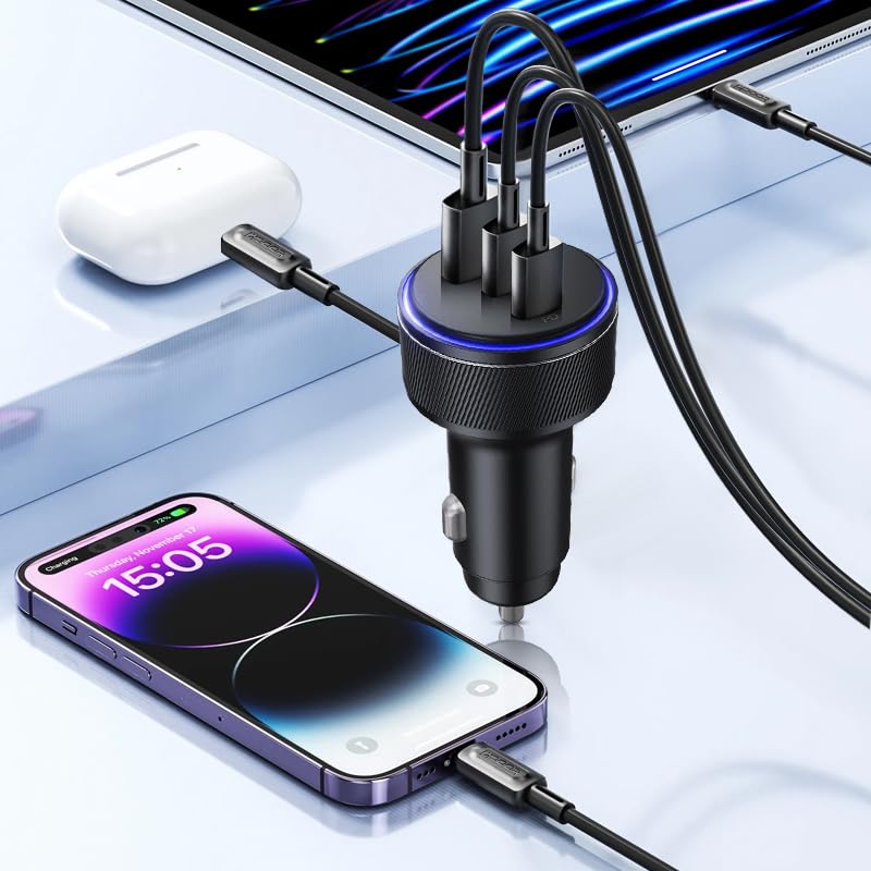 USB-C Car Charger, 3-Port 90W Fast Car Charger, Dual USB-C & USB-A Car Power Adapter, PD3.0 & QC3.0 Fast Charging for iPhone 15/14/13 Pro Max, iPad, MacBook and More 1