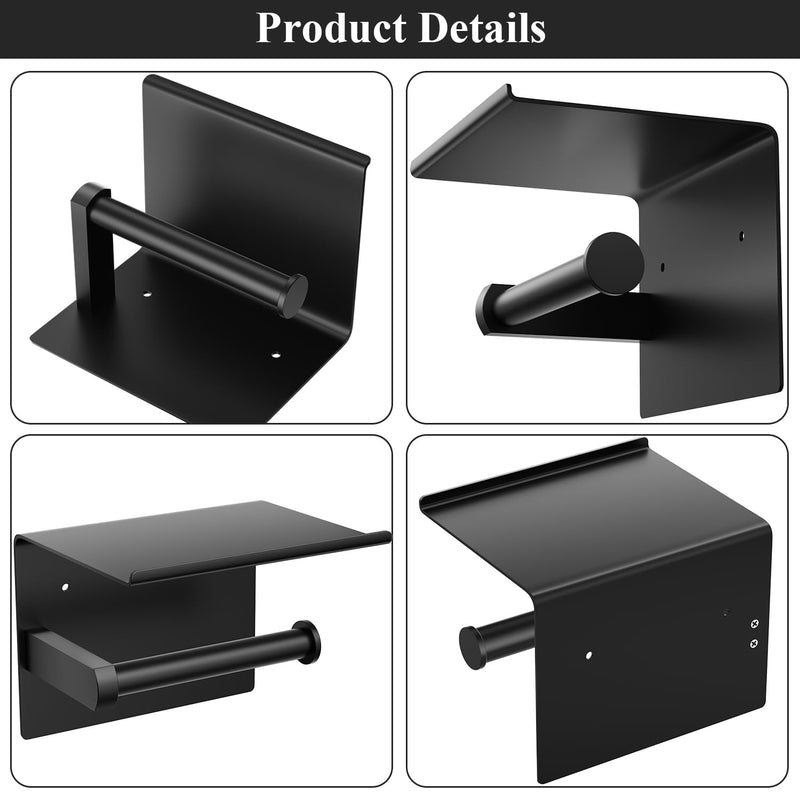 Tindbea Mega Size Toilet Paper Holder with Shelf + Towel Robe Hooks, Adhesive or Screw Wall Mounted Toilet Paper Roll Holder, Stainless Steel Bathroom Hardware Set (Matte Black)… Large Matte Black