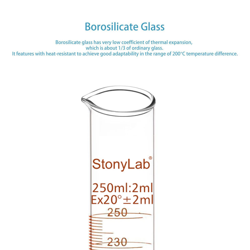 StonyLab 3-Pack Borosilicate Glass 250ml Heavy Wall Graduated Cylinder Measuring Cylinder, 250ml 250 ml