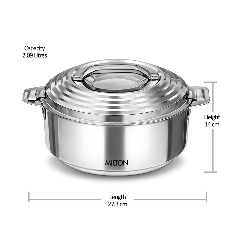 Milton Galaxia 1500 Casserole for hot food, insulated stainless steel hot pot with lid, 50 oz (2000 ml) 1.58 qt, Serving box (bowl, dish) for food and roti Food Warmer Cooler, Silver 2.2 qt / 9 Cups