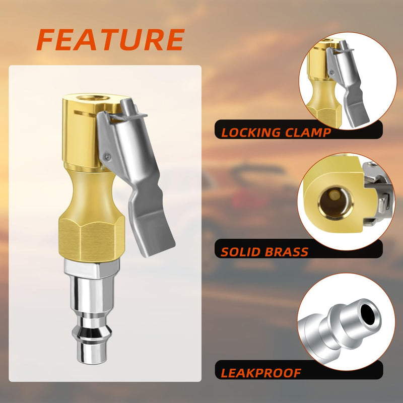 Air Chuck with Clip Tire Inflator Compressor with Clip Closed Flow Lock Brass Tire Chuck Hose Connect Accessories Heavy Duty Inflator Gauge Compressor Accessories Locking Tire InflatorAdapter Connect