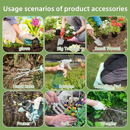 10-Piece Floral Garden Tools Set with Tote Bag, Heavy Duty Gardening Kit with Pruning Shears, Trowels, Rake, Sprayer, Kneeling Pad & Gloves - Gift for Women, Gardener, Mother's Day