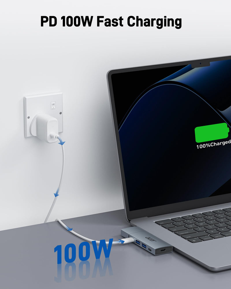 Acer USB C Hub for MacBook Pro/Air M1 M2 M3, 6 in 2 Detachable 4K@60Hz USB C to HDMI Adapter with 2 USBA & 2 USBC 3.0 Data Ports, 100W PD Charging, USBC to USB Dongle Adapter Grey