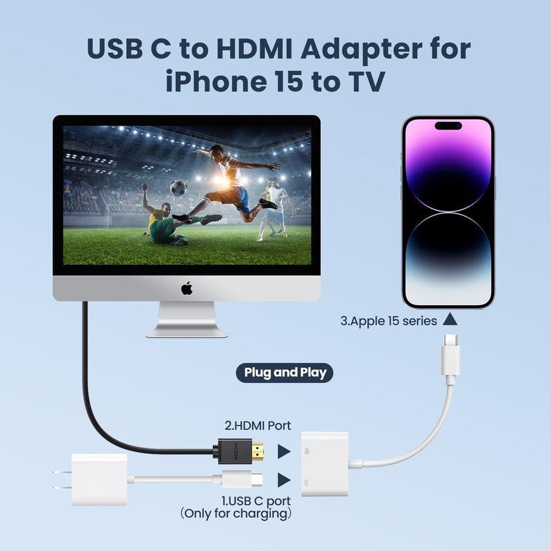 Battony USB C to HDMI Digital AV Adapter for iPhone 15, USB C to HDMI Adapter with 4K@60Hz HDMI Video & Audio Output, 100W Fast Charge, Compatible for iPhone 15Pro/Max,MacBook Pro/Air 2023,iPad Pro