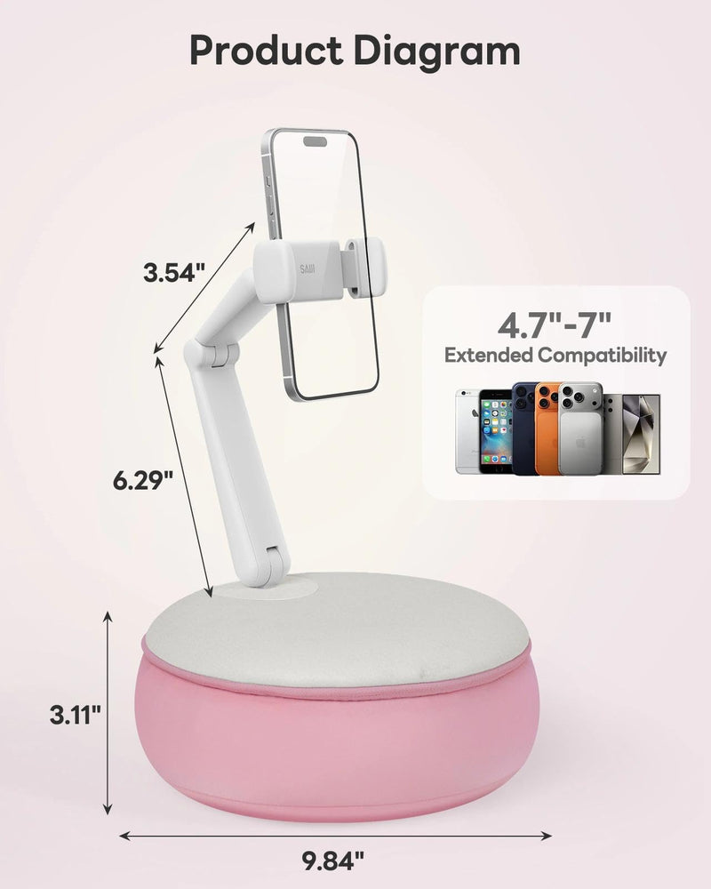 SAIJI Cell Phone Pillow Holder mini iPhone Stand for Bed, Upgraded mini Angle & Height Adjustable Phone Pillow Stand for Watching Video On Bed/Sofa/Lap, Fit for 4.7"-7.0" Device (Pink) Pink