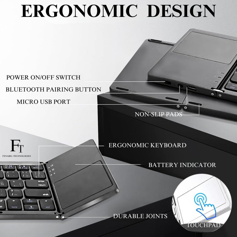 Ultimate Foldable Bluetooth Keyboard with Touchpad | Portable Wireless Keyboard for Phone, Tablet, Laptop | Rechargeable Foldable Keyboard with Ñ | Ergonomic Design