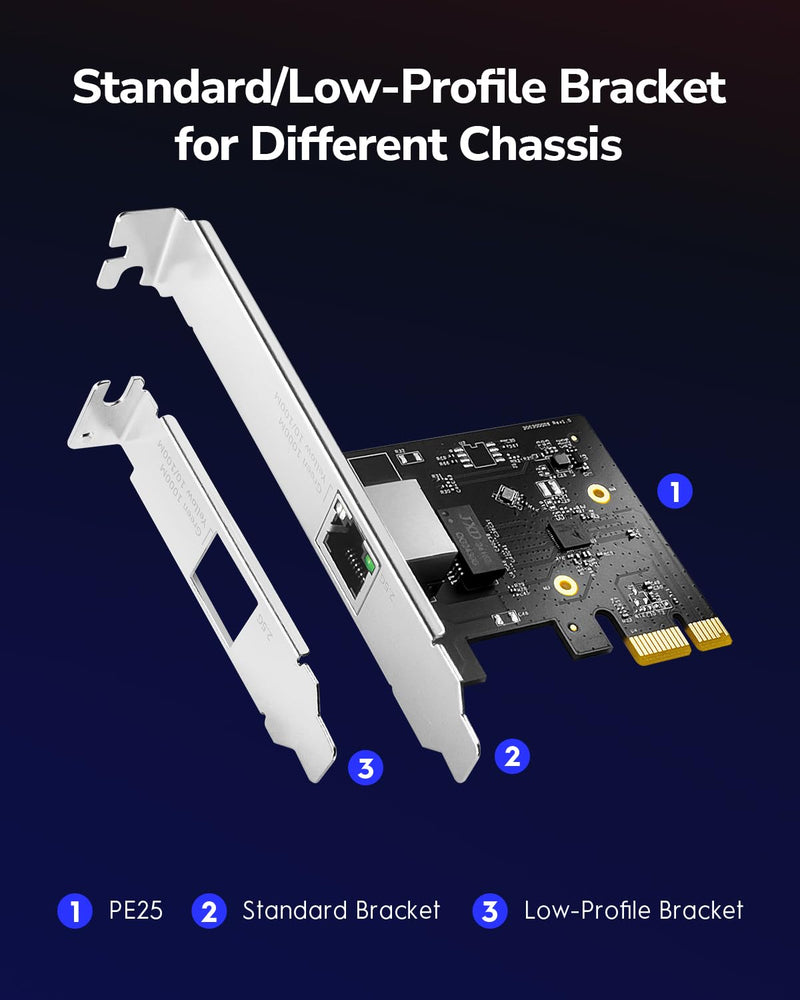 Cudy 2.5Gbps PCI Express Network Adapter, 2.5GBase-T PCIe Card, RTL8125 NIC, Wake on LAN, Flow Control, Low Profile Bracket, Windows 11/10 /8/8.1/7, Windows Server 2012, 2008, Linux PE25