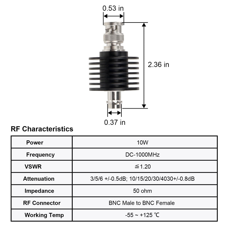 XRDS -RF BNC Male to BNC Female Coaxial RF Attenuator 10W 20dB, 50 Ohm Attenuator, 10W BNC Male to Female Connector, High-Power RF Coaxial Attenuator for Signal Reduction, Testing & Telecommunications