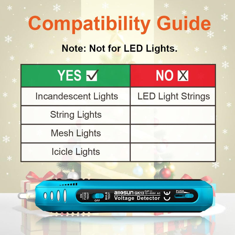 allsun Christmas Light Tester with 50pcs 2.5V Bulbs, Non-Contact Voltage Tester and Repair Tool, 12-600Vac Christmas Tree Light Tester for Holiday String Lights, Bulb and Fuse Checker Light Tester+50pcs Blubs, Christmas Light Repair Tools
