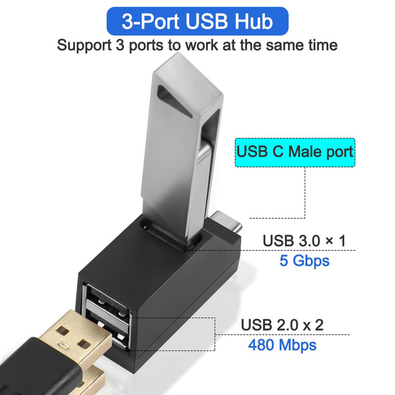 USB C to USB Adapter,3Port USB C Hub Adapter 2 Pcs 90 Degree USB Hub Splitter 1 USB 3.0 and 2 USB 2.0 Port Portable Powered Data for Connecting Mobile Hard Disk, U Disk, Camera, Mouse,etc