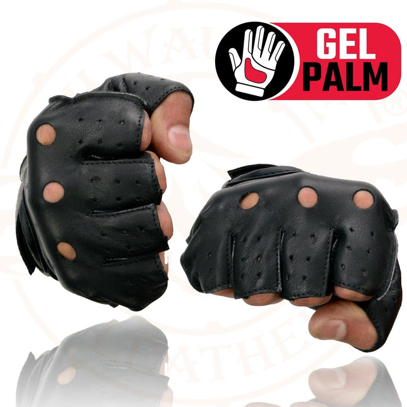 Milwaukee Leather SH195 Men's Black Leather Perforated Gel Padded Palm Fingerless Motorcycle Hand Gloves W/ ‘Open Knuckle’ Large