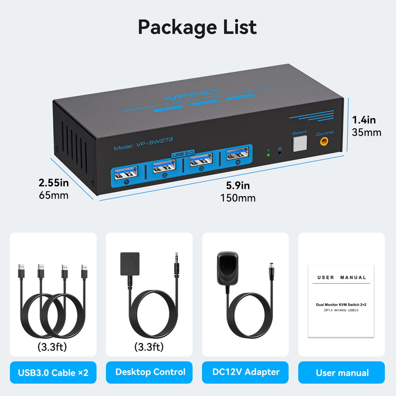 4K@144Hz Displayport KVM Switch 2 Monitors 2 Computers USB3.0 KVM Switch Dual Monitor for 2 Computers Share 2 Monitors and 4 USB Devices Support Extended/Copy Mode with Desktop Controller 2 PC 2 Monitors Deep Blue