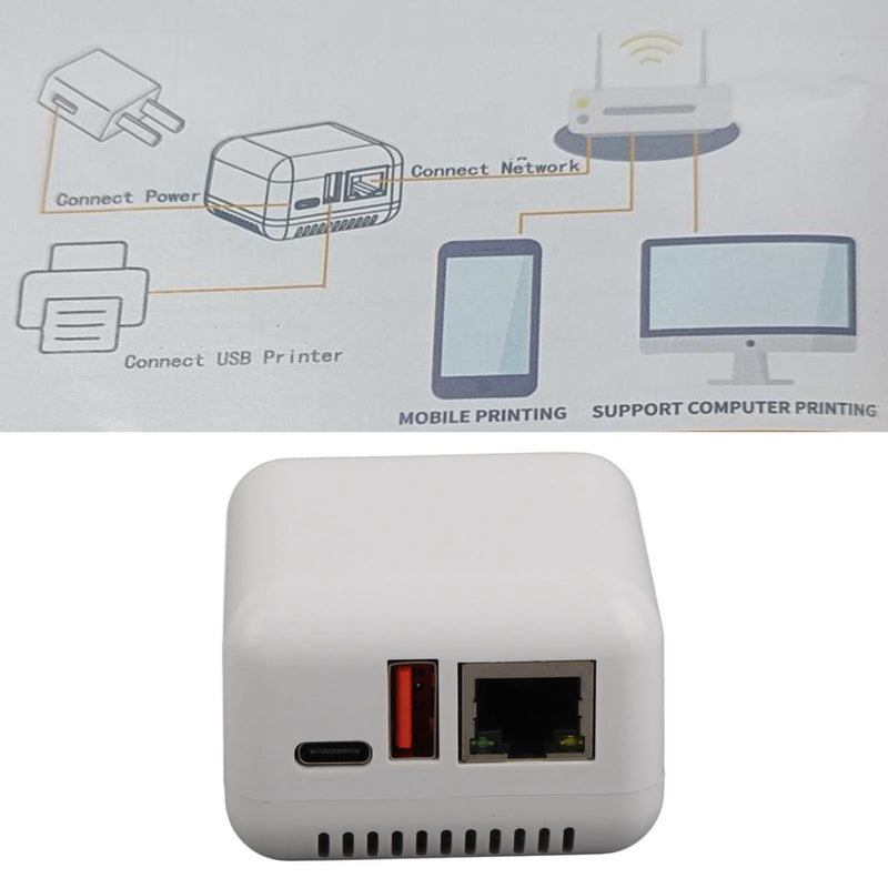 Denash USB 2.0 Network Print Server, Plug and Play LAN USB Print Server Adapter, USB 2.0 Port Network Print Server for Linux 3.4 for Wins or Later, for Android, for iOS US Plug 100 to 240V