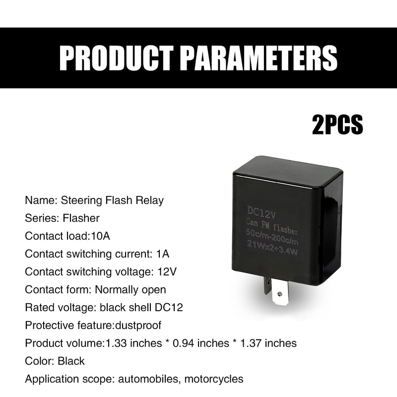 Pack-2 LED Flasher Relay, 2 Pin Hazard Warn Flash Relay, 12V Speed Adjustable Relay, Replacement for Most Cars Motorcycles (Black) 2 PCS Black