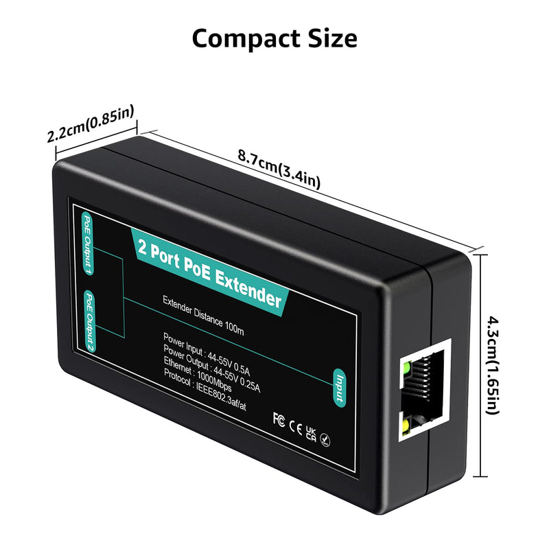 VIMIN 2-Port Gigabit PoE Extender, 1 in 2 Out Indoor PoE Repeater Support IEEE802.3af/at with 1000Mbps, Extend Additional 100m(328ft) of Power and Data Transmission, Plug & Play, Mini Size 3-Port Gigabit Extender(Indoor)