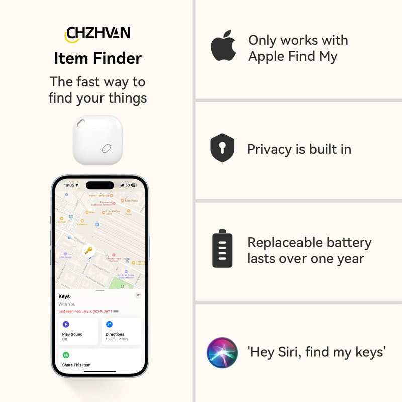 Key Finder, Luggage Tracker Works with Apple Find My (iOS only), Replaceable Battery, Water-Resistant, Bluetooth Item Finder for Wallet, Bags, Suitcase, Pets & Backpack, 4 Pack White