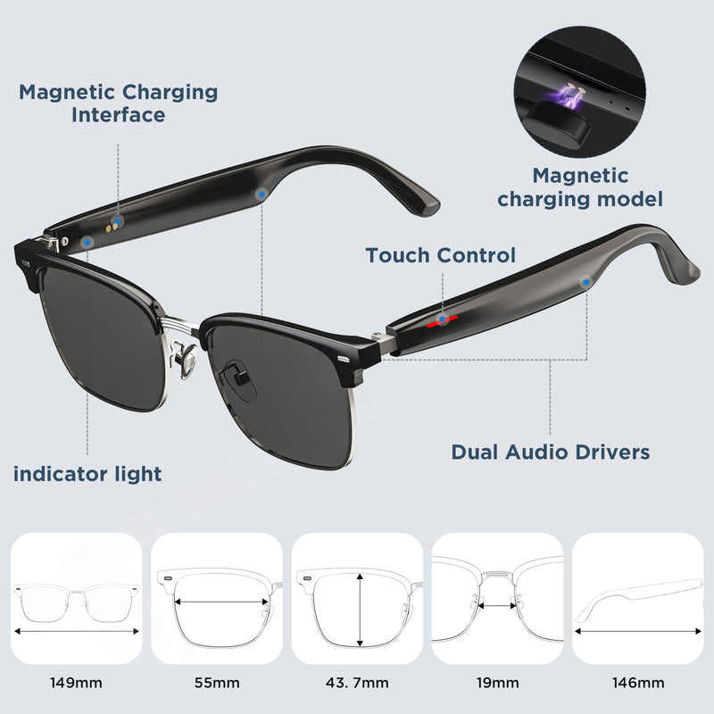 Ai Smart Sunglasses, Translation Glasses with UV400/ Bluetooth Speaker/110+Languages/Voice Control/AI Chat & Hands-Free Calling,Smart Glasses for Men/Women, Travel&Work(Black)