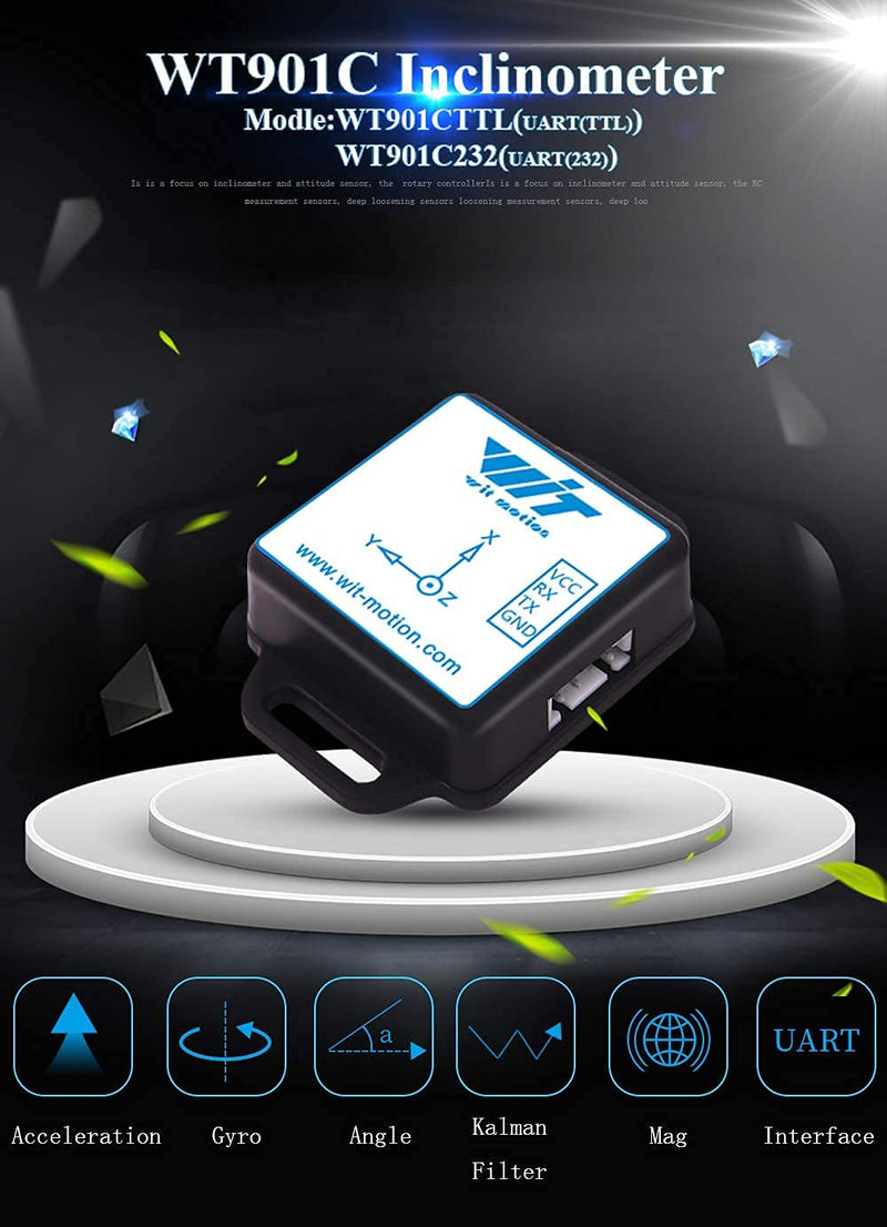 【9-axis vibration inclinometer WT901C-232】High stability acceleration+gyro+angle (XY 0.05° accuracy) + digital compass, three-axis MPU9250 gyroscope sensor【Kalman filtering】