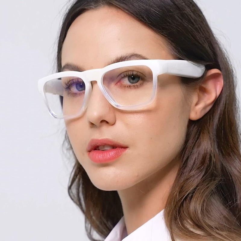 OhO Bluetooth Sunglasses,Voice Control and Open Ear Style Smart Glasses to Listen Music and Calls,UV400 Polarized Lens Shiny White Frame-blue Light Blocking Lens