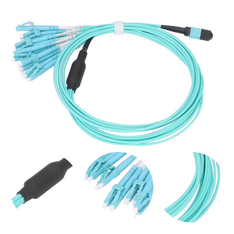 MPO to LC Fiber Optic Patch Cable, 12- OM4 Multimode Jumper, 100G High-Speed Data Transmission for Data Centers, Server Rooms, PVC LSZH Jacket, 850nm 1310nm Wavelength