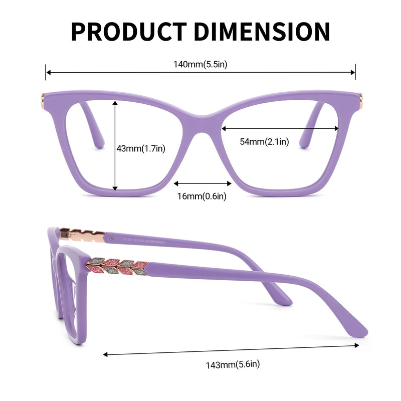 VOOGLAM Oversized Square Frame Fashion Glasses Anti-blue Light Women Wheat Head Rhinestones-7264 Purple Non-prescription Clear Lens