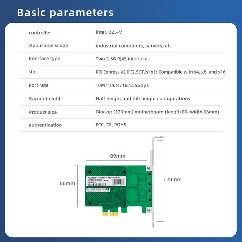 2.5G Dual Port Gigabit Network Card,with Intel I225 Chip LAN NIC Card, 2500M Gigabit Dual RJ45 Ports Ethernet Server Adapter Support Windows 11/10 Windows Server 2022