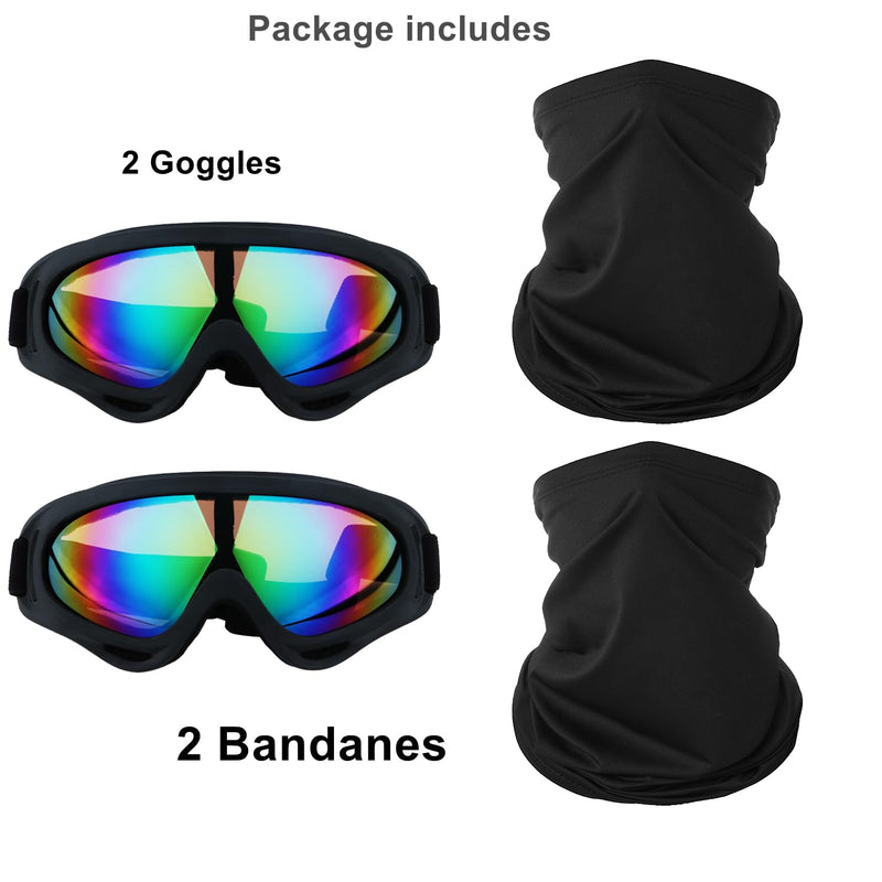 Motorcycle Goggles,2 Pack Dirt Bike ATV Motocross Riding Hiking Protective with 2 Pack Neck Breathable Bandana Mask Black Frame/Multicolor Lens