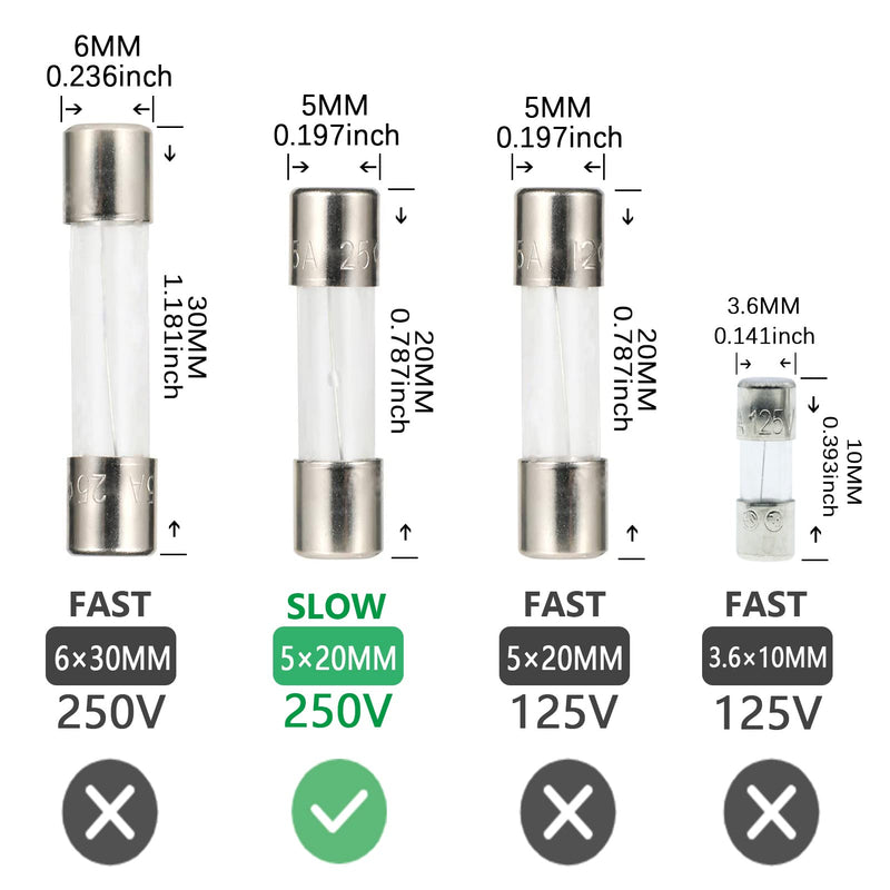 AUKENIEN 1A 1 Amp 250V Slow Glass Fuse 5x20MM T1A Fuses Glass Tube Fuse Fine Fuse Slow Glass Fuse 5X20MM Slow