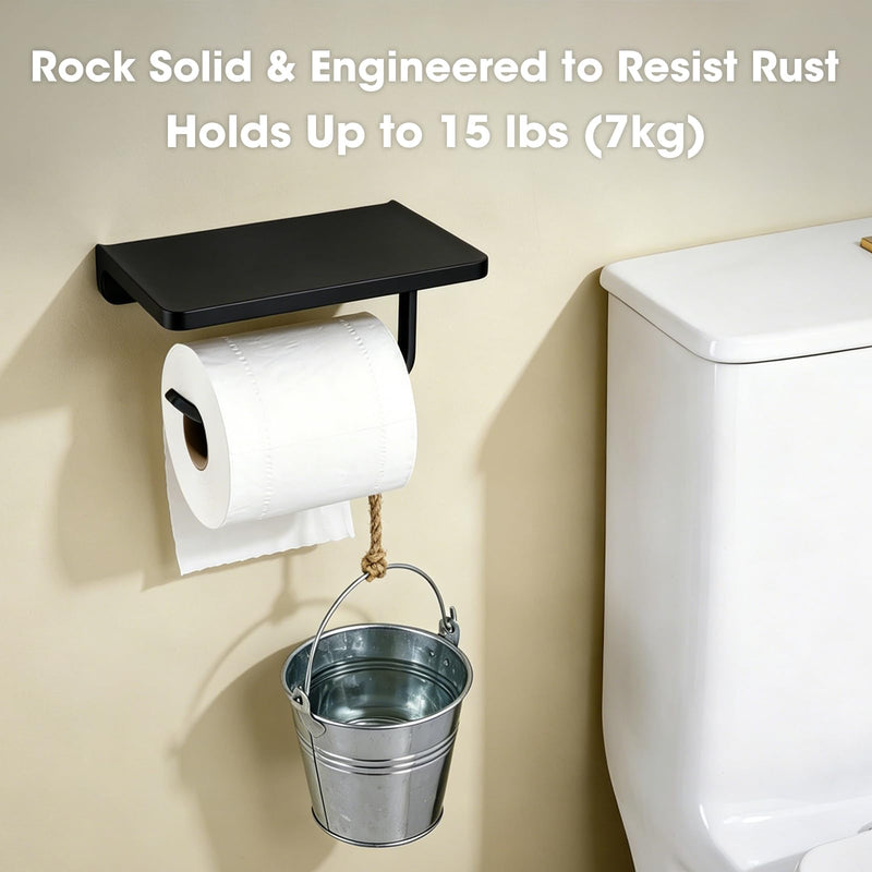 TRUSTMI Toilet Paper Holder with Phone Shelf Solid Metal Bathroom Hardware Accessories Tissue Roll Dispenser Storage Wall Mounted, Matte Black 7.1" x 4.3"