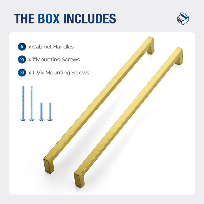 JOY DECOR 5 Pack Cabinet Handles, Gold Cabinet Pulls, 13-4/5 Inch Kitchen Handles Square Drawer Pulls Stainless Steel Drawer Hardware Handles, 352mm Hole Centers 13-4/5 Inch Hole Center