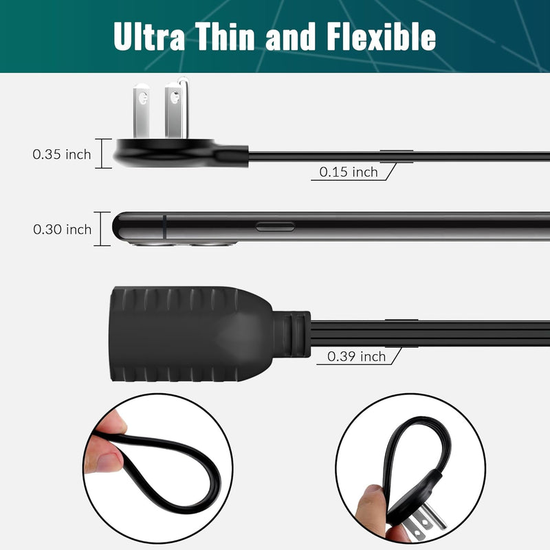Elecan Flat Plug Extension Cord 30 Ft with Slim Space-Saving Plug Design, Thin Flat Cable Low Profile Power Cord 3 Prong Grounded Wire, 16 Gauge 13 A/125 V-Black-ETL Certified 1 Pack 30FT
