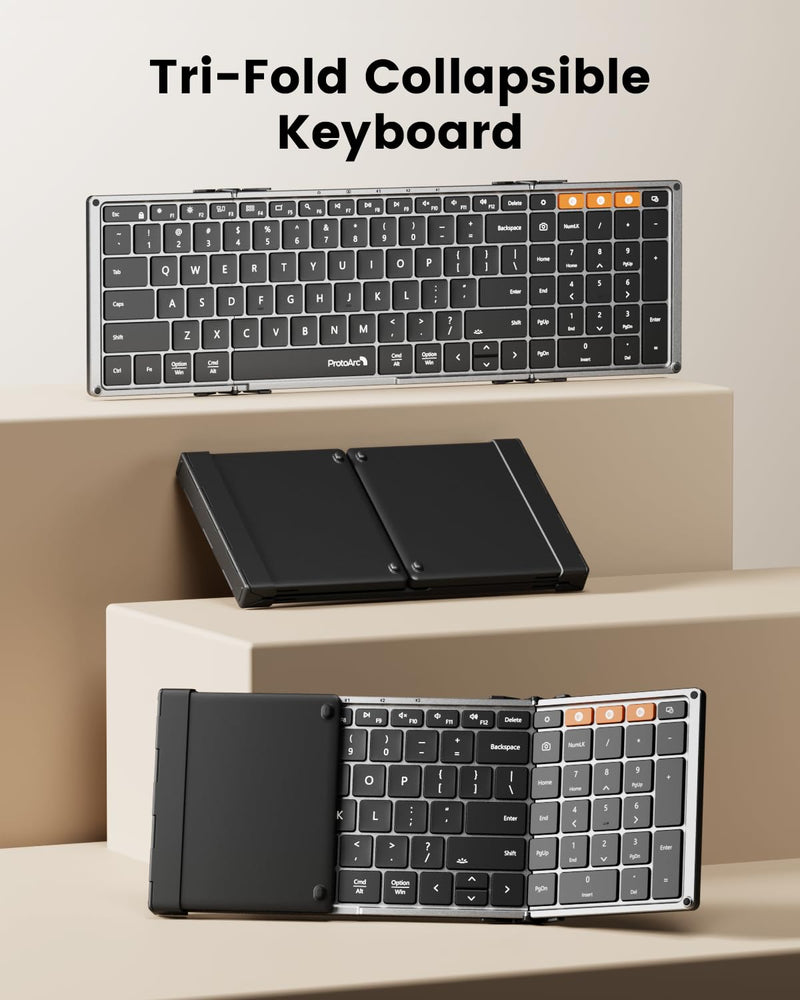 ProtoArc Backlit Foldable Keyboard, XK01 Plus Folding Portable Bluetooth Keyboard for Travel, Full Size External Wireless Keyboard with Backlight for iPad Surface Tablet Smartphone Laptop PC