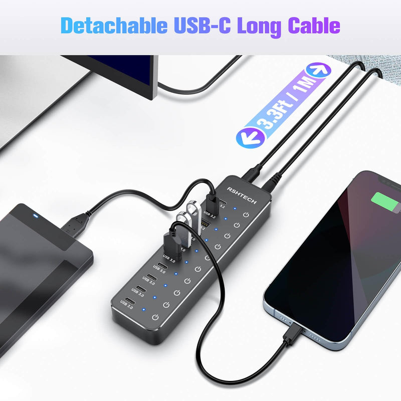 RSHTECH 10 Ports Powered USB 3.2/USB C Hub Splitter 60W with 3 x 10Gbps USB 3.2 Ports (2C + 1A),7 x USB 3.0 Ports (4C +3A), 3.3ft Cable and Individual Touch Switches for Laptop PC