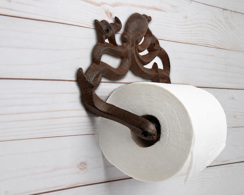 Comfify Rust Brown Cast Iron Octopus Toilet Paper Holder – Nautical Cabin | Rust Brown octopus; cast iron; 6.69"H x 8.07"L; holds jumbo rolls; spring-loaded; screws and anchors included