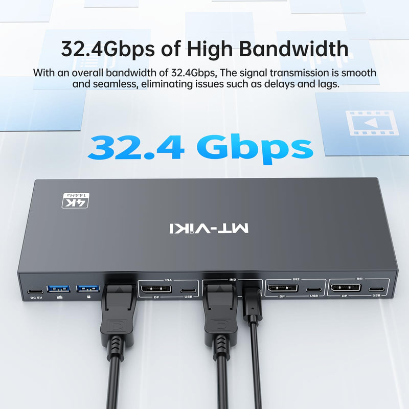 MT-VIKI 8K Displayport KVM Switch 4 in 1 Out DP1.4 with 4 USB 3.0 Ports, Support 8K@60Hz 4K@144Hz Share 1 Monitor Keyboard Mouse U-Disk Printer, with 4 USB A to C Cables 4 Port