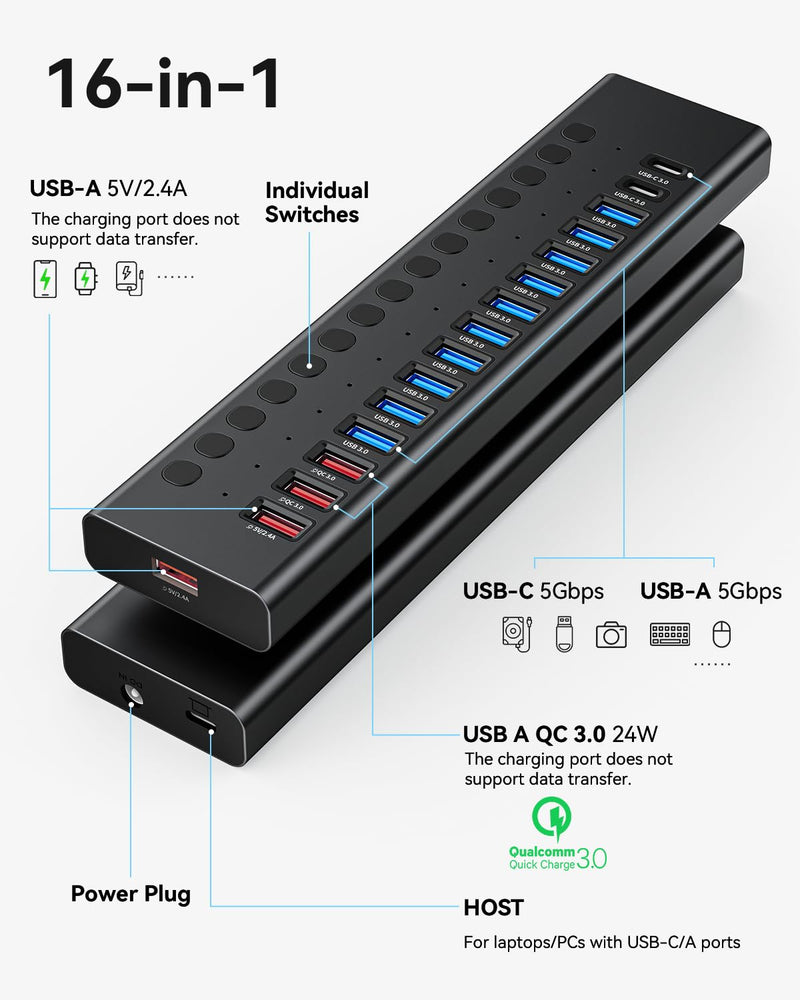 Powered USB Hub, 16-Port USB C Hub Splitter (10 USB 3.0+2 Quick Charging+2 Smart Charging+2 USB C) with Individual Switches, 90W Power Adapter for PC