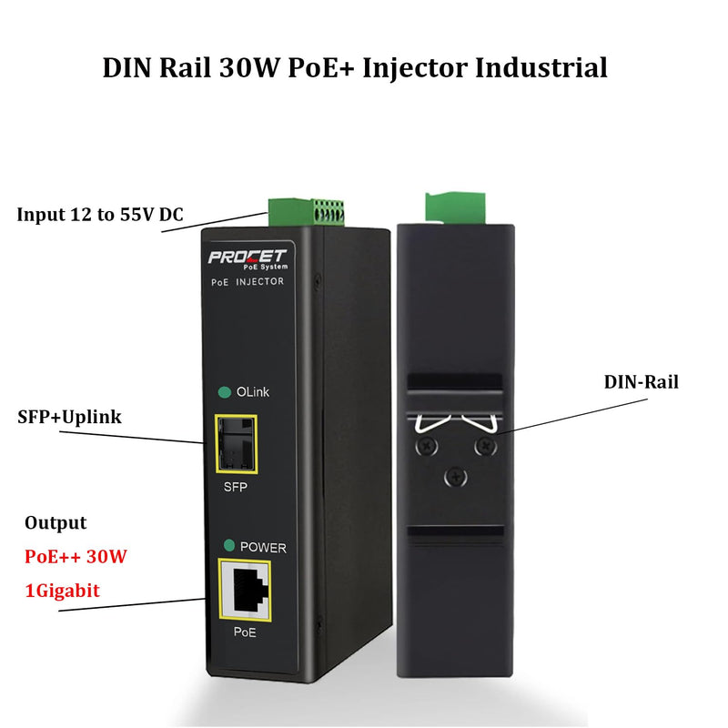 PROCET 30W SFP Fiber PoE Injector DIN Rail SFP/Uplink PoE+ Power Injector Gigabit Industrial, IEEE802.3af/at Compliant for IP Camera, Access Point, POS, Kiosks, PT-PSE105GS-E