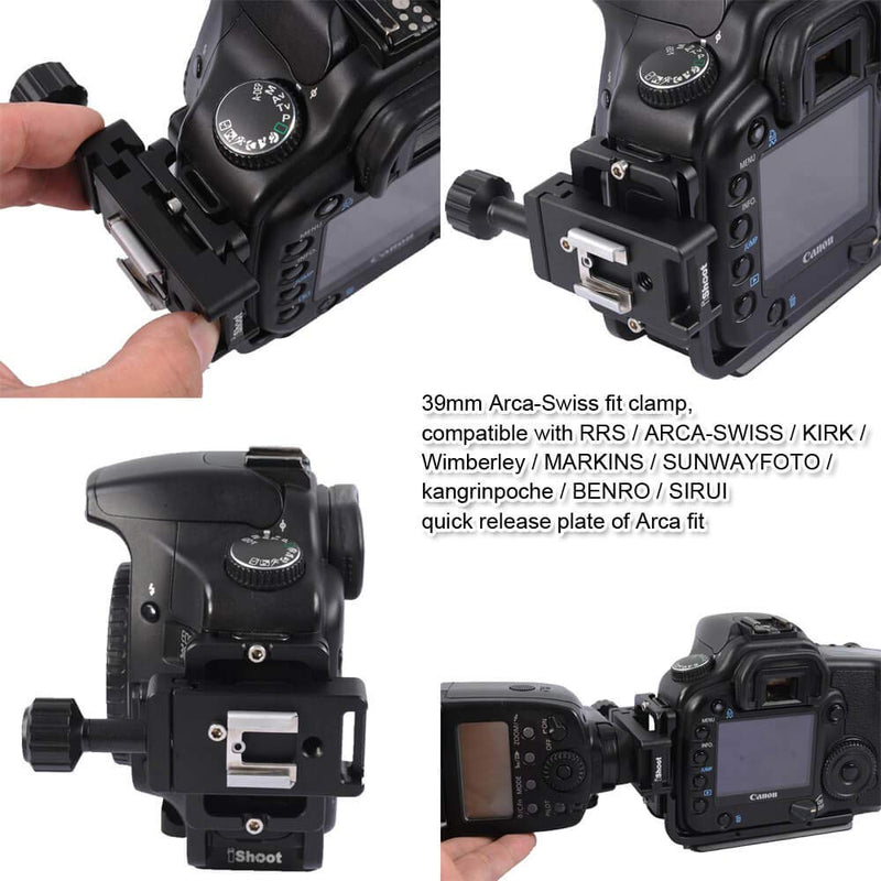 Metal Clamp with Universal Hot Shoe Mount Compatible with 39mm Arca-Swiss Fit Quick Release Pate L-Shaped Camera Holder Bracket Support & Speedlite Flash of Standard Cold Foot