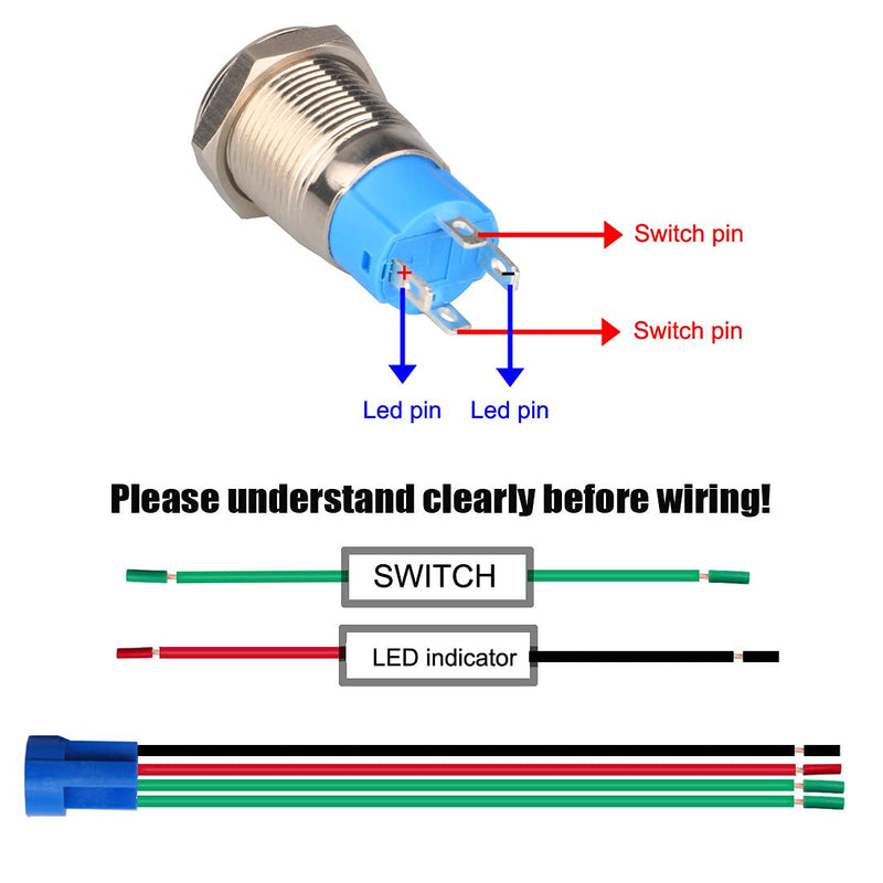 Gebildet Pack of 4 12mm Stainless Steel Button 3V-4.5V-5V-6V-7.5V-9V/5A LED 1NO SPST On/Off Waterproof with Cable Socket Plug (Blue LED) Blue (5v-9v)