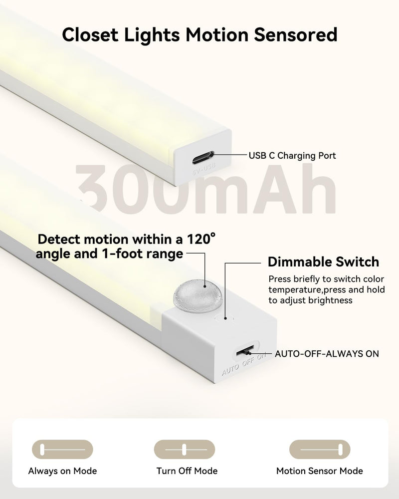 Under Cabinet Lighting 4 Inches Rechargeable Motion Sensor Light Indoor, 3 Color Dimmable Closet Light Battery Operated, USB Stick on LED Magnetic Under Counter Lights for Kitchen Stair,12 Packs 4inch-12pack
