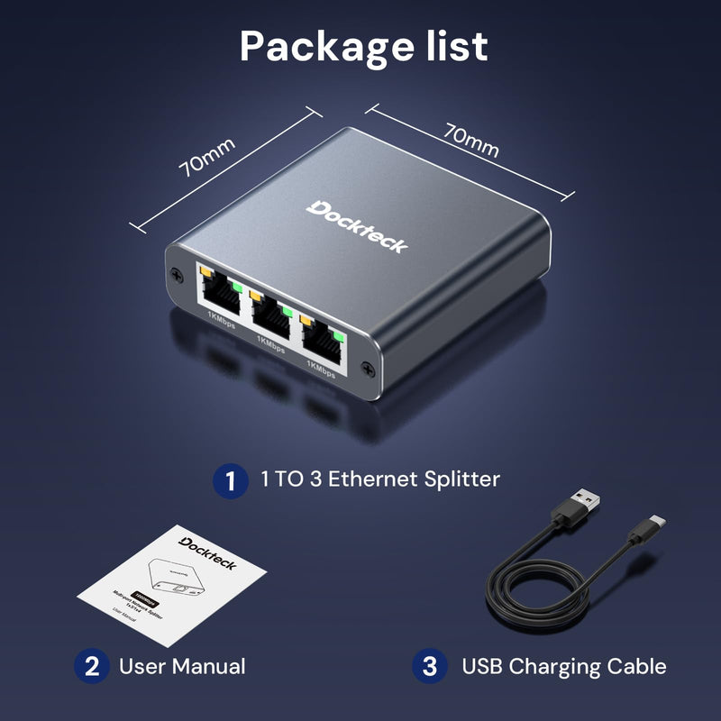 Ethernet Splitter 1 to 3 1000Mbps, Dockteck Internet Cable Splitter 1 in 3 Out High Speed Switch Network Gigabit for LAN RJ45 Port Router Switch Work with Cat5/5e/6/7/8 Cable(Silver Grey) Ethernet Splitter 1 to 3-Grey