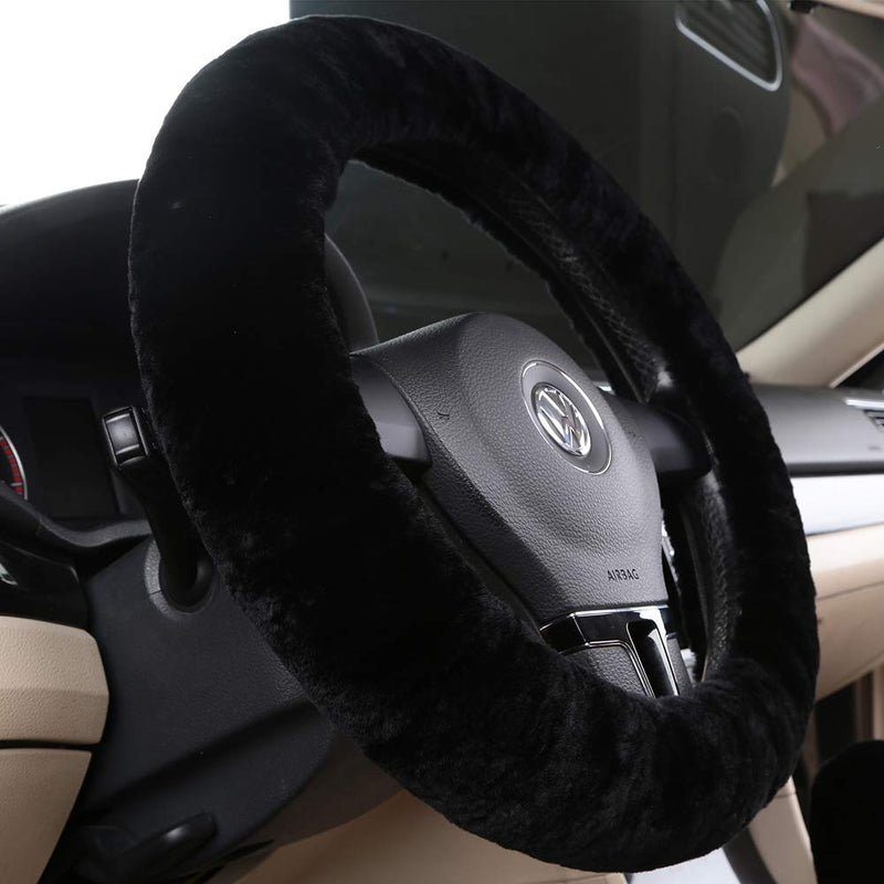 Fluffy Wool Sheepskin Fuzzy Black Car Steering Wheel Cover for Universal Auto Steering Wheel 14 1/2-15 1/2inch, Anti-Slip, Soft Plush, Comforting and Luxurious, Soft Texture (Black)