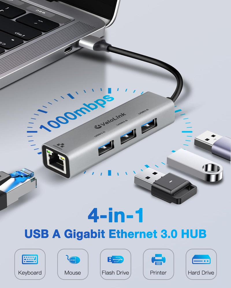 USB 3.0 Hub With Ethernet Adapter, 4-in-1 Gigabit Ethernet to USB Adapter for Laptop, PC, MacBook Pro, iPad Pro, and More Type A Laptops